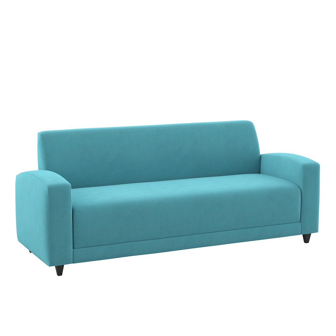 blue commercial sofa with arms and wood legs