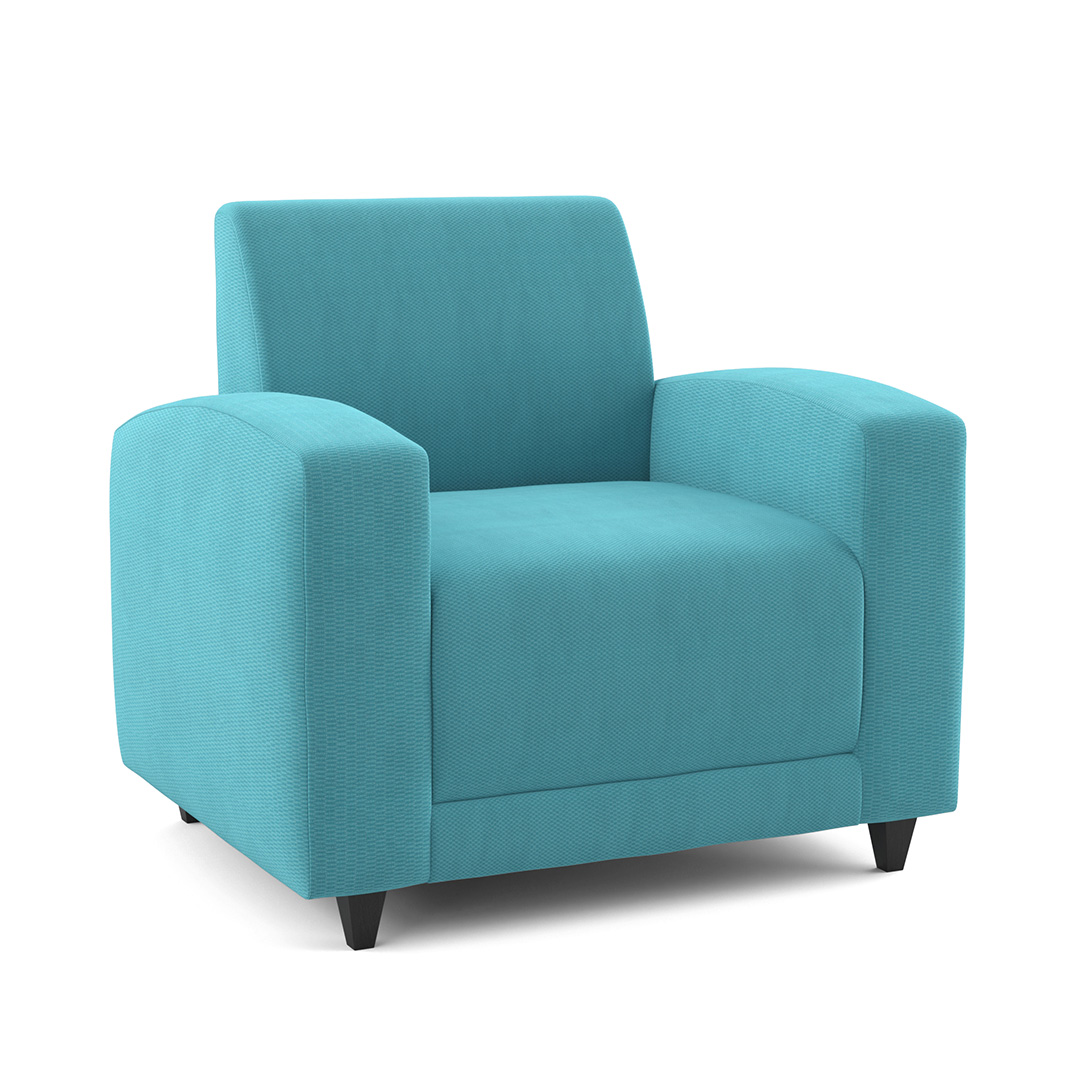 blue commercial lounge chair with arms and wood legs