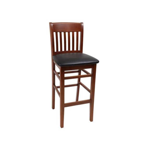 wood commercial barstool with an upholstered seat and footrest