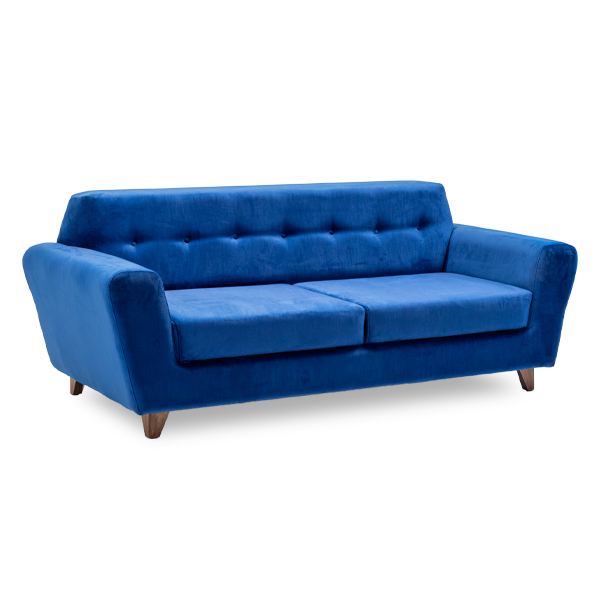 blue mid century modern velvet sofa with single line button tufting