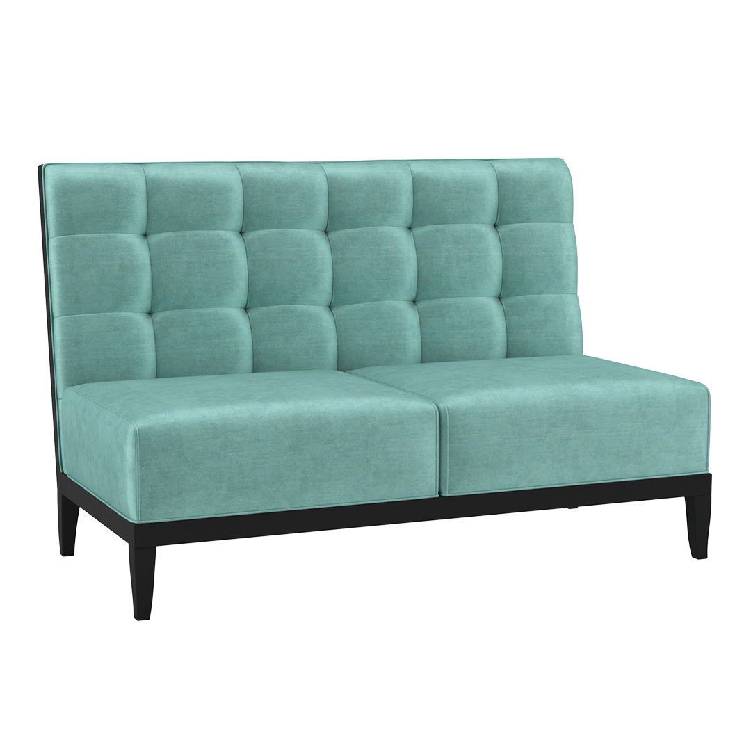 commercial square tufted sofa with wood legs in blue