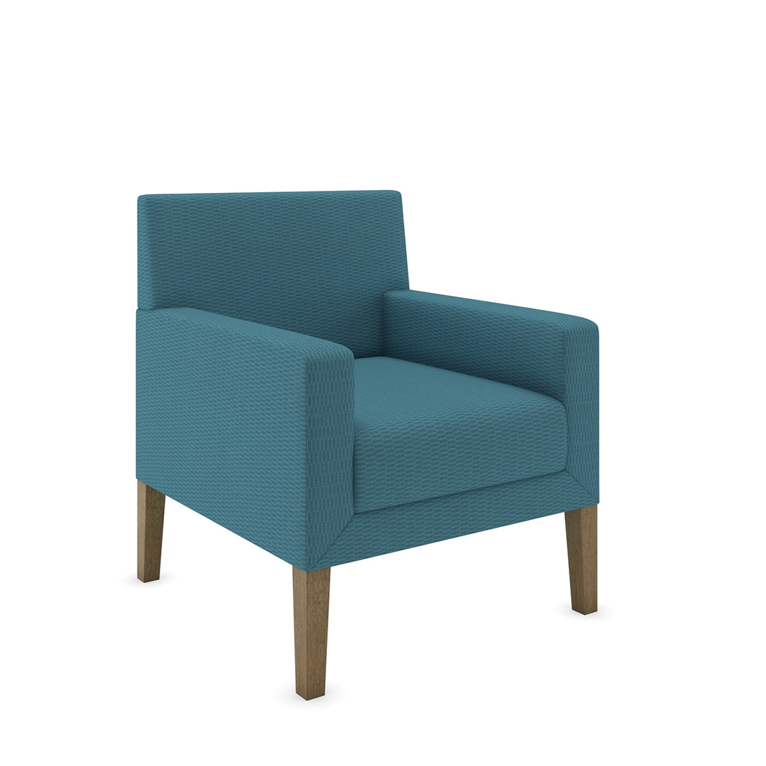 commercial armchair in blue with wood legs