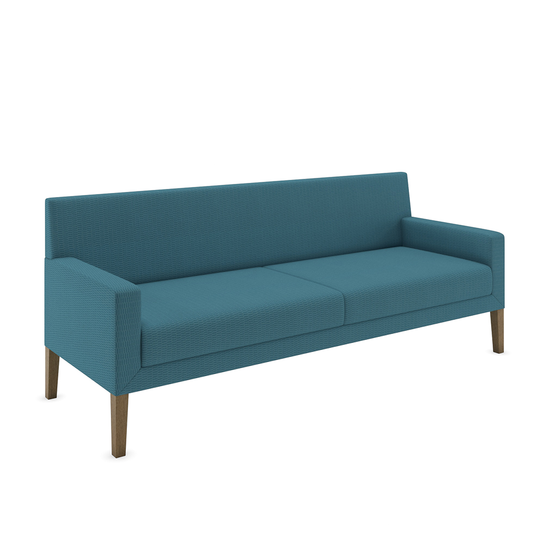 commercial sofa with arms and wood legs in blue