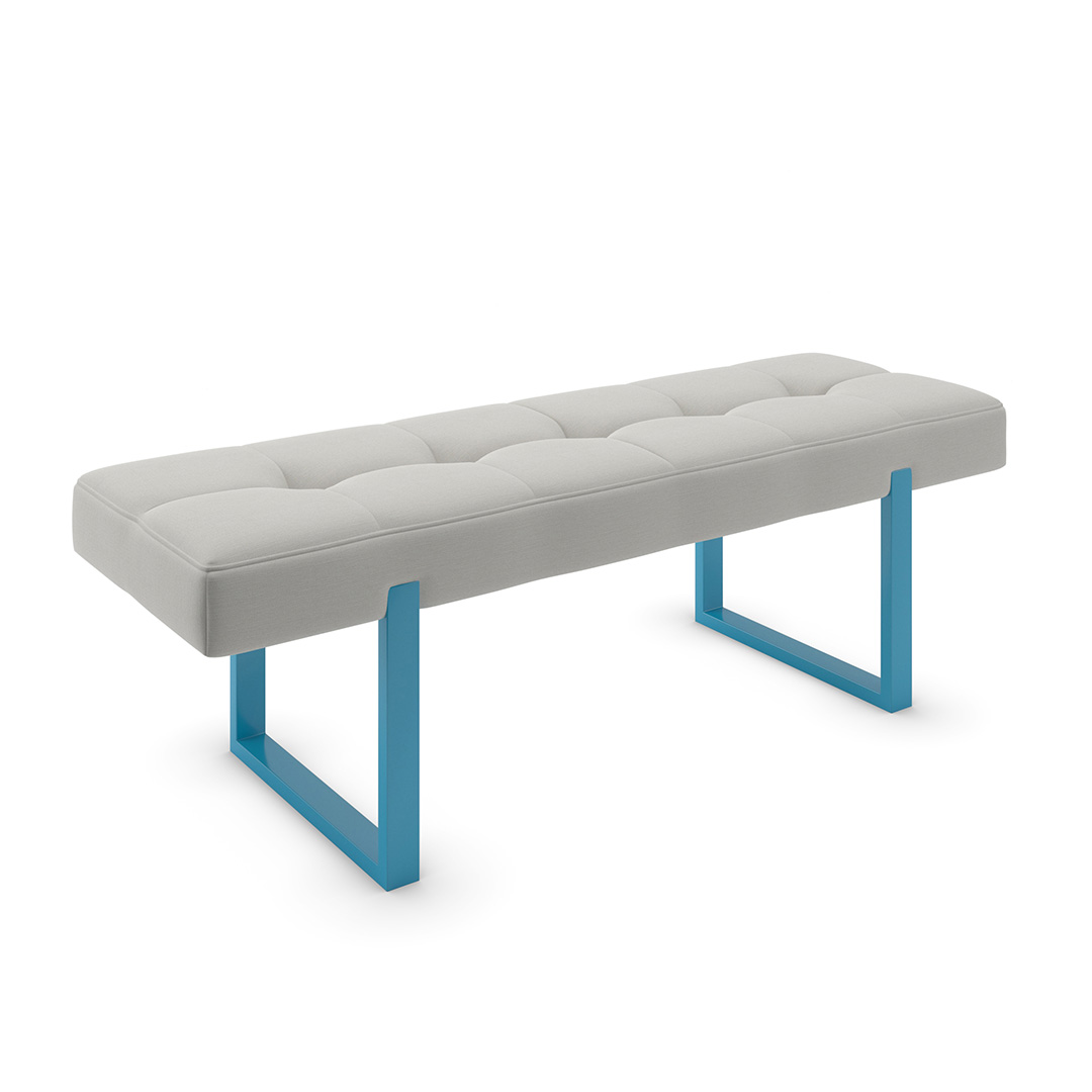 square tufted bench with blue metal legs