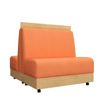 double-sided commercial booth with a wood base and casters