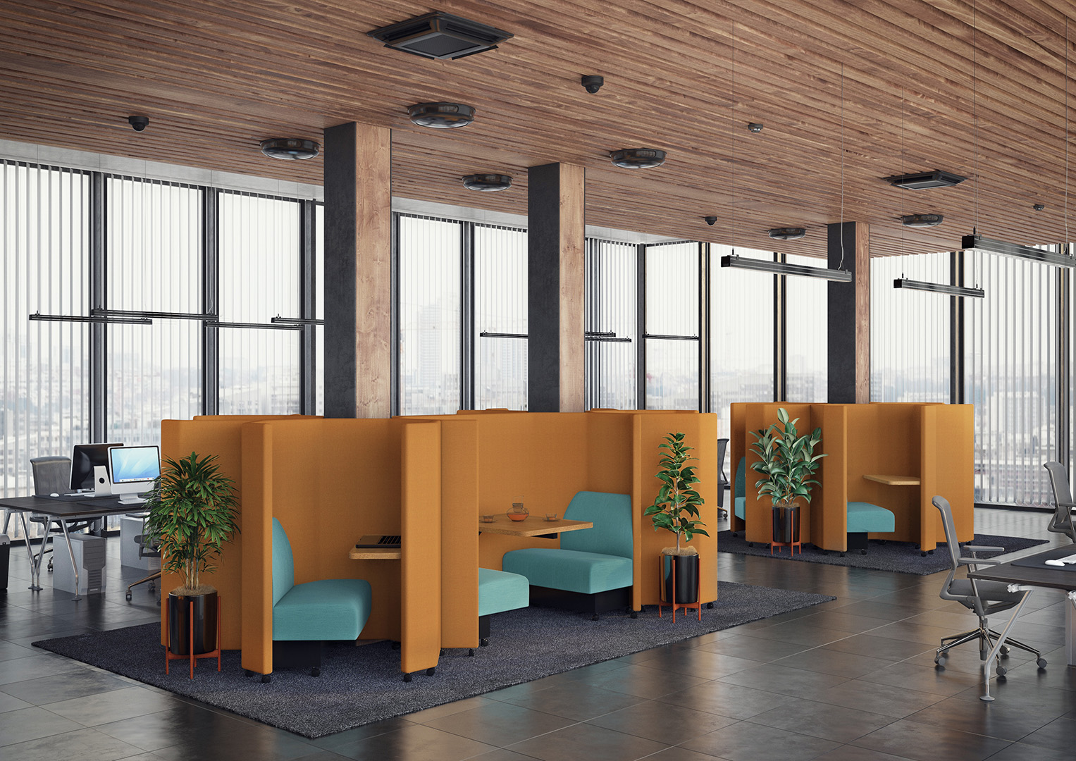 office seating pods in a workplace setting