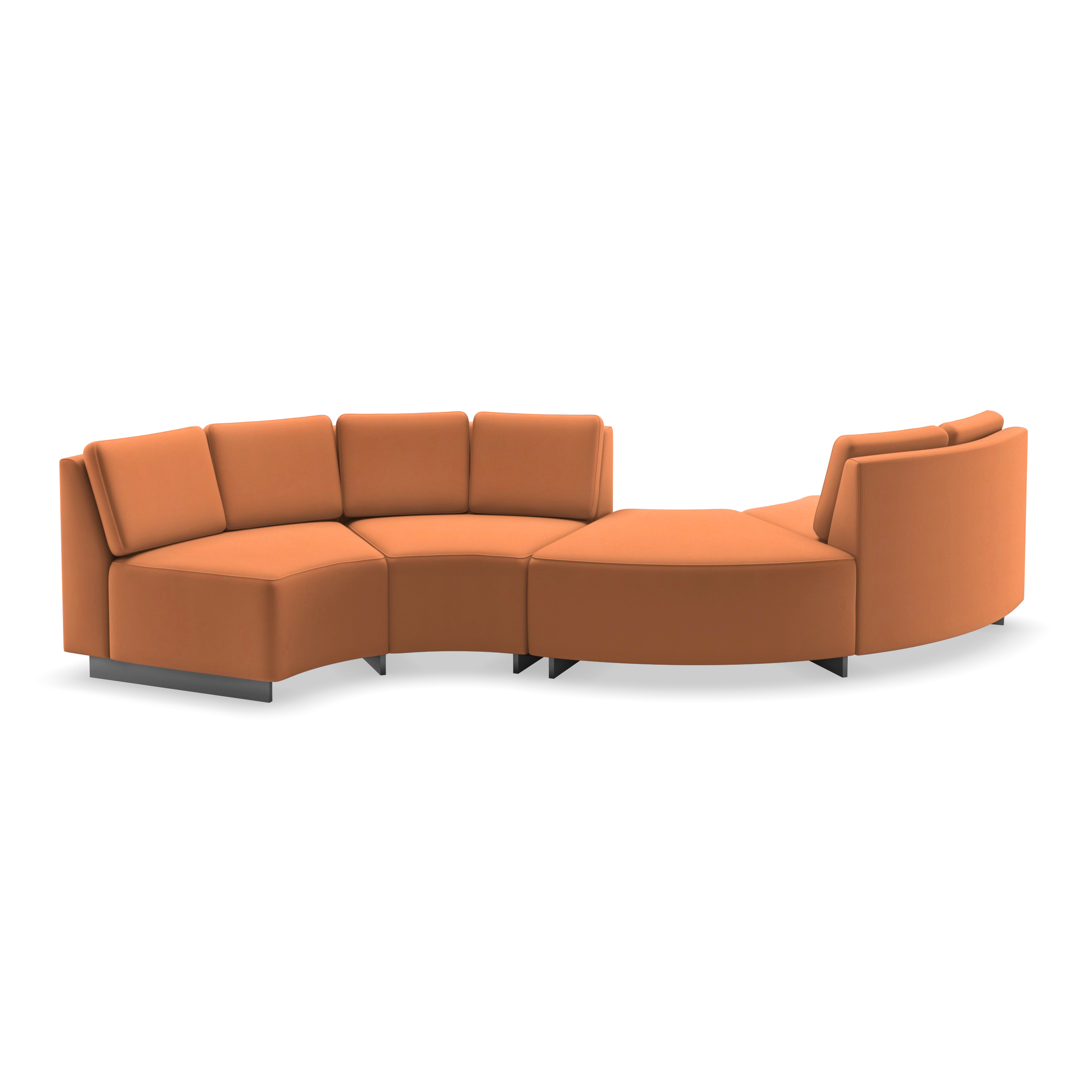 curved commercial sofa with wood sled legs and cushions