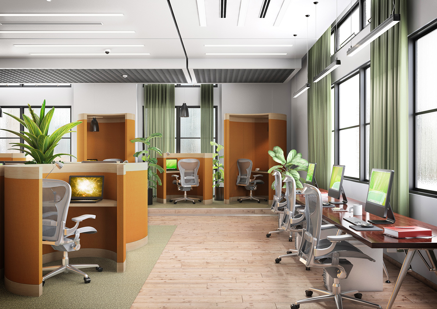 commercial office setting with work pods