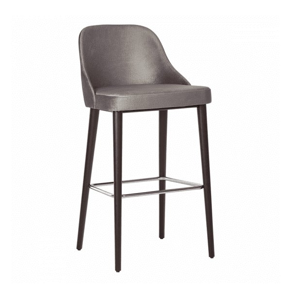 gray upholstered wood barstool with footrest