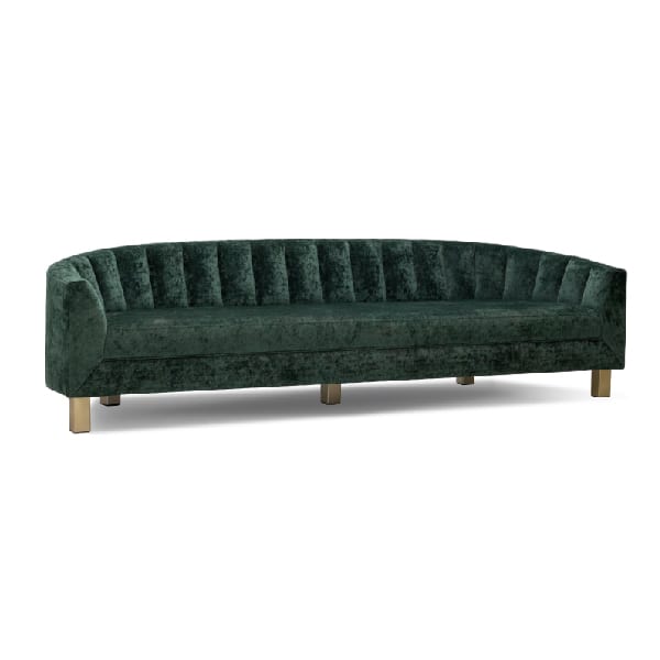 velvet green channeled sofa with brass legs