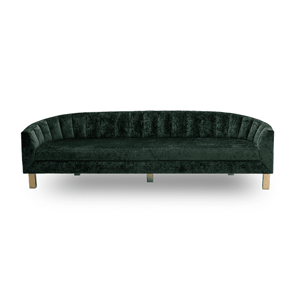 green velvet art deco vertical channeled sofa with brass legs
