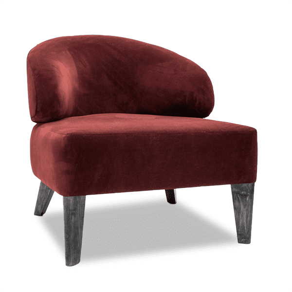 red velvet slipper lounge chair with tapered wood legs