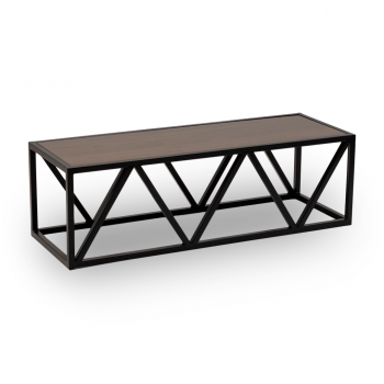 coffee table with geometric base and walnut stain