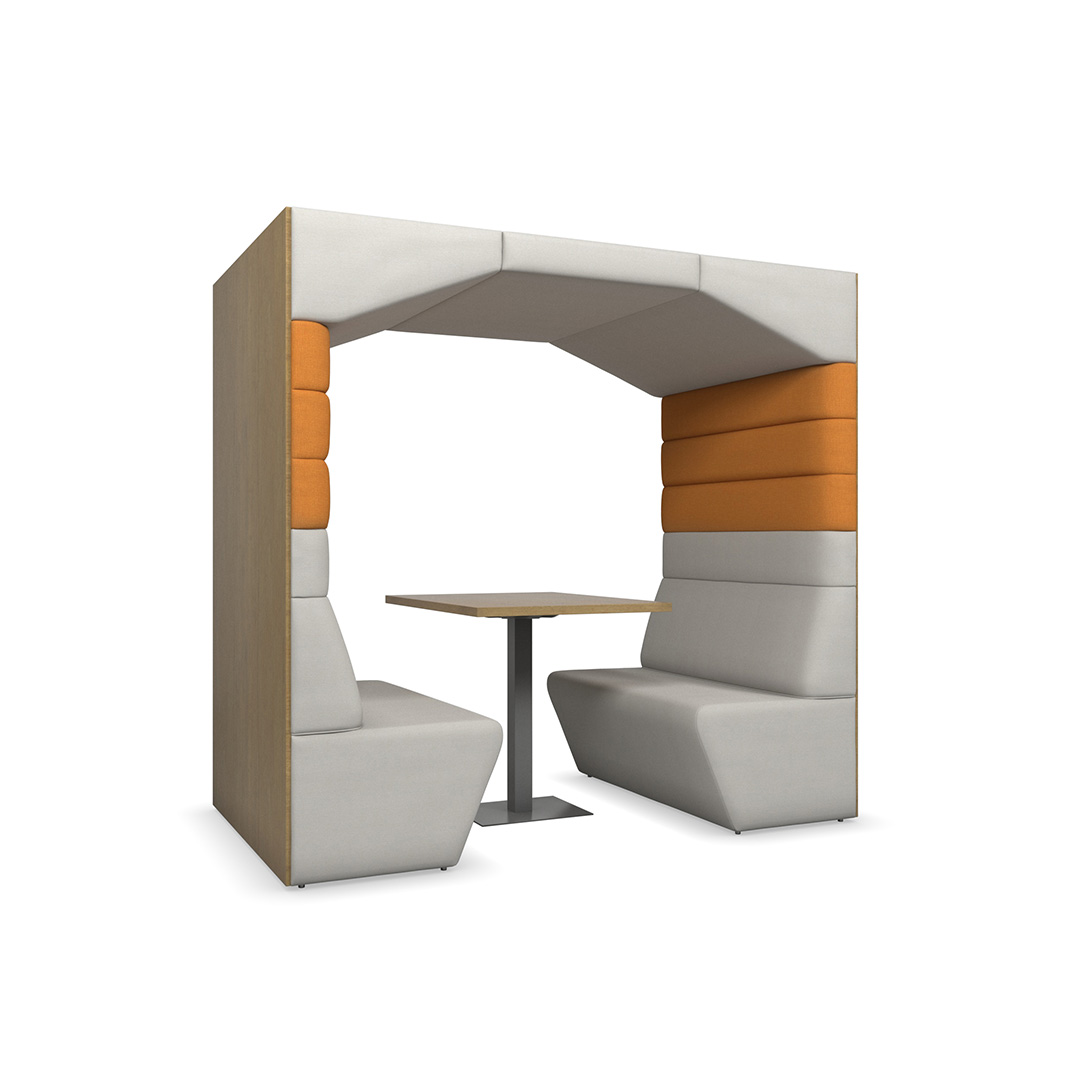 commercial seating pod with table and laminate back