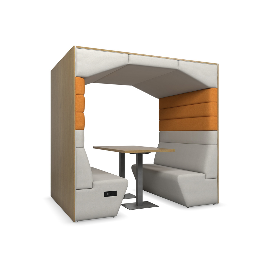 commercial two-tone seating pod with a canopy and table