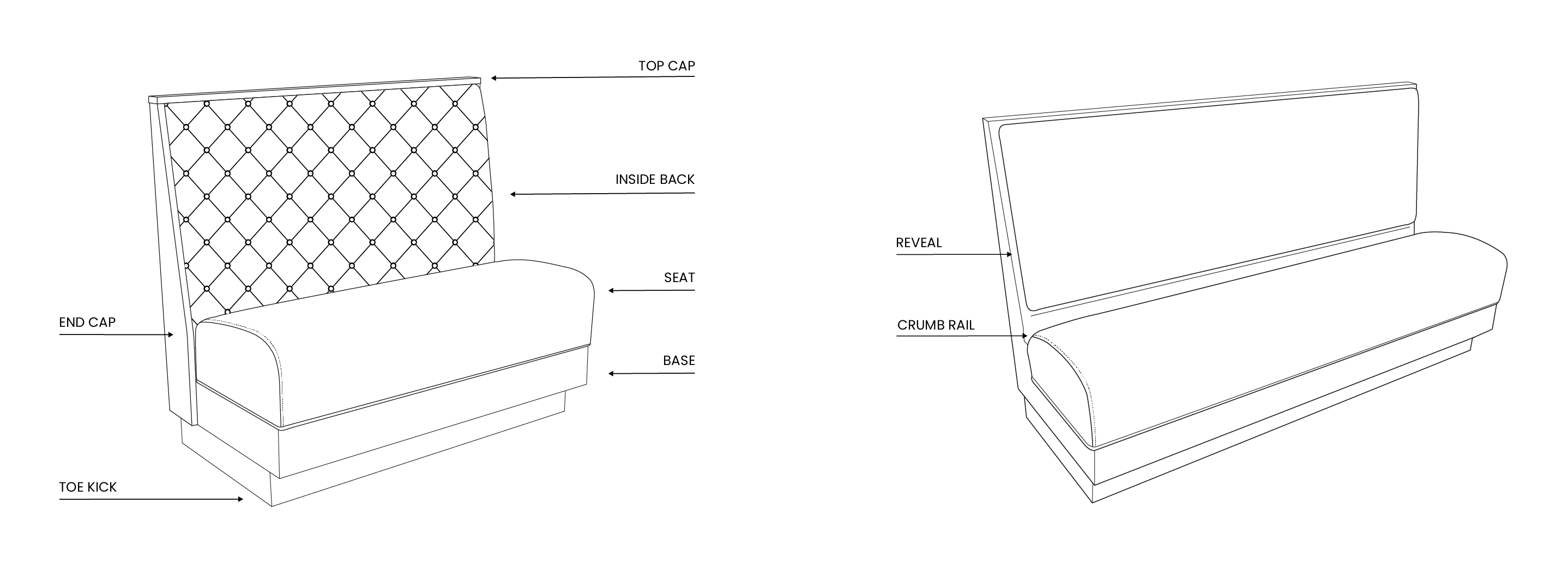 anatomy of booth or banquette diagram labeled