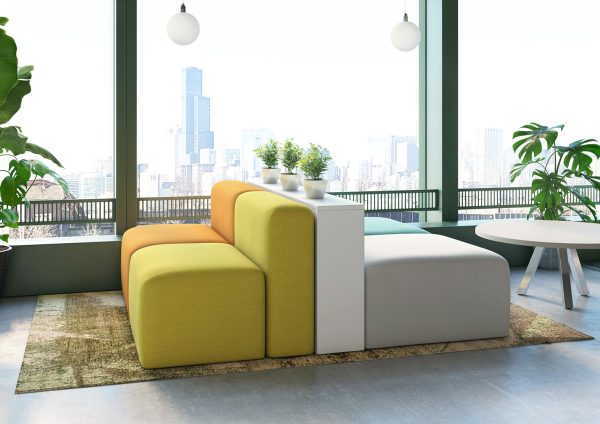 modular commercial soft seating with console tables and privacy panels