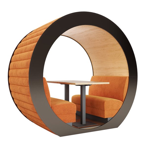 commercial Helix work pod with circle roof and orange booth seating