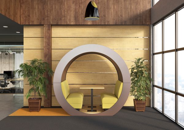 Helix circular commercial seating pod with channeled outside in office environment