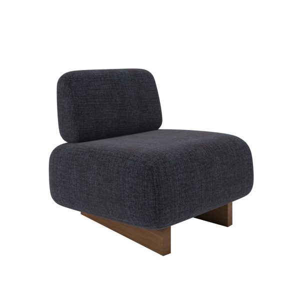 logan chair blue lounge chair with sculptural back and wood sled legs