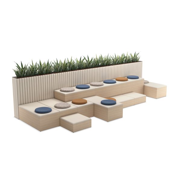 Terrace wood tiered stadium seating with magnet circular cushions and integrated planter