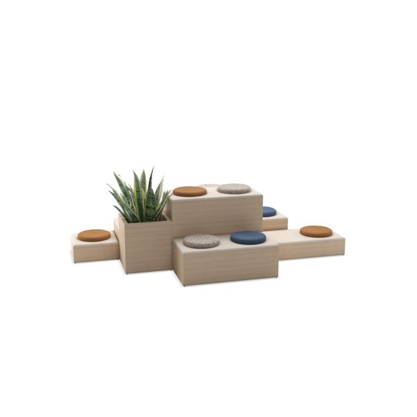 Terrace wood tiered stadium seating with magnet circular cushions and integrated planter